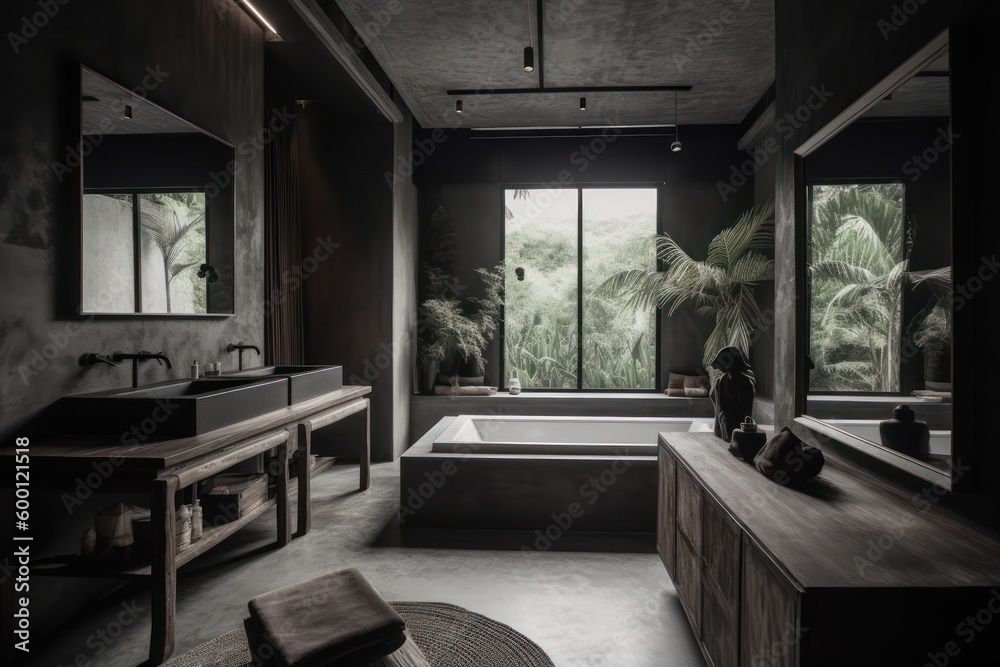 Fototapeta premium Luxurious Modern Bathroom with Japandi Design, LED Lighting, and Luxurious Touches. Designer soho scandinavian design, black tones..