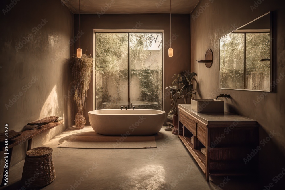 Fototapeta premium Chic and Modern Bathroom with Japandi Design, LED Lighting, and Luxurious Touches..