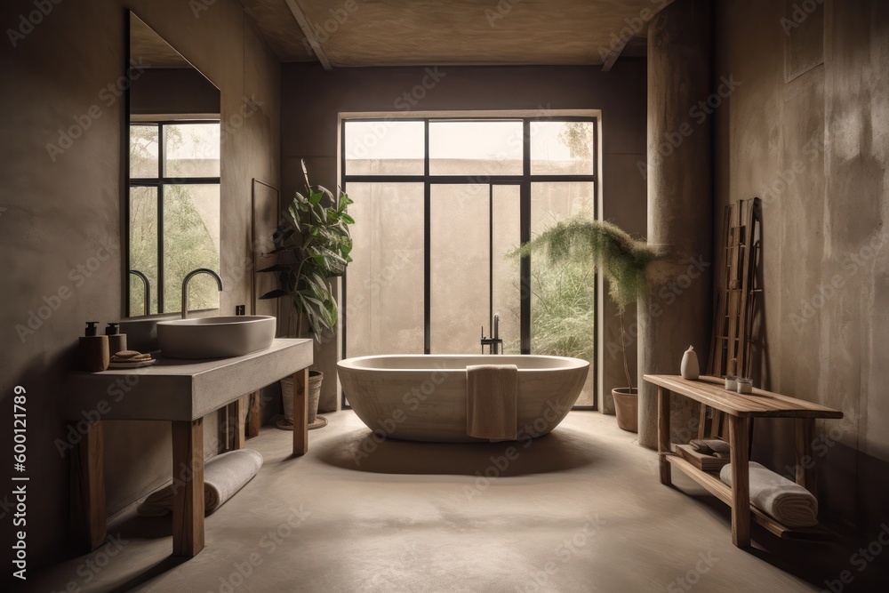 Fototapeta premium Japandi-inspired Luxurious Bathroom with Marble Features, LED Lighting, and a Serene Atmosphere..