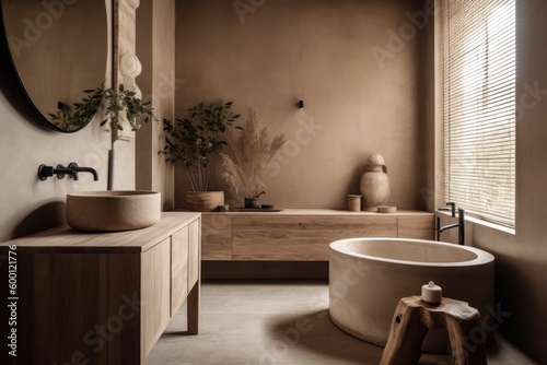 Boho-Scandinavian Designer Bathroom with Natural Light and Freestanding Bathtub..