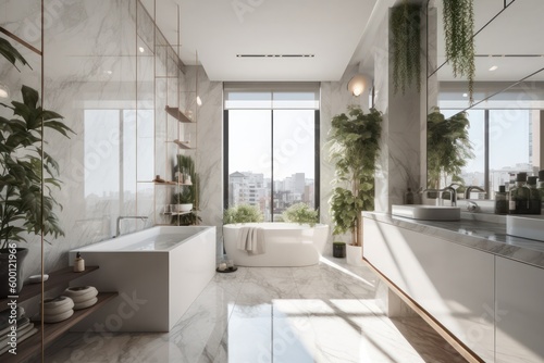 Designer Bathroom Oasis with Freestanding Bathtub  Natural Light  and Luxurious Features..