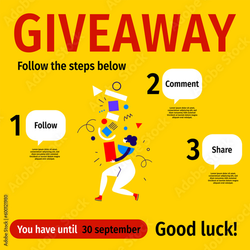 Vector quiz template with illustration of abstract woman and box on yellow color background. Social media design with word giveaway