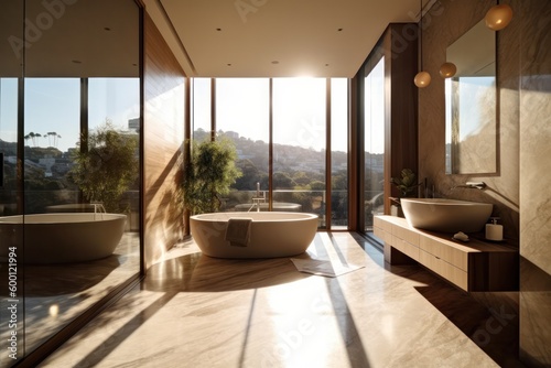 Stunning Luxurious Bathroom with Freestanding Tub  Designer Elements  and Abundant Natural Light..