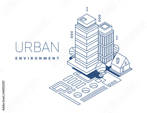 Vector illustration of monochrome city with building and word urban on white color background. Flat line art style isometry design of city skyscraper