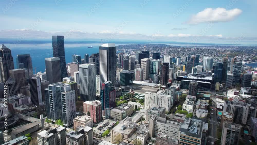 Wide Aerial City Pan of Downtown Seattle with Blue Sky