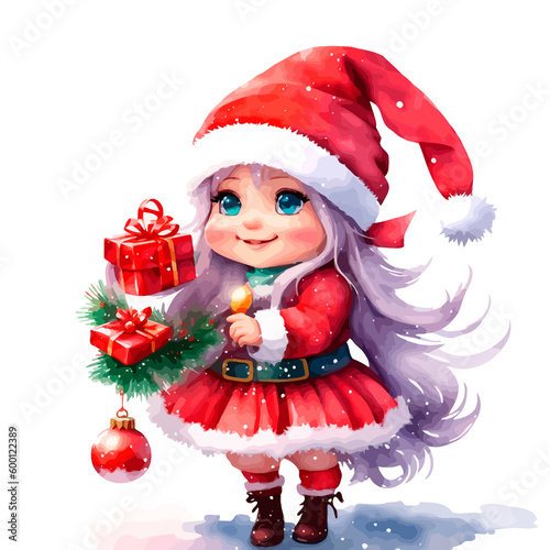 detailed small cute gnome girl holding Christmas decor candy wearing a red outfit