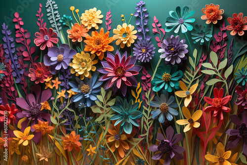 paper art of a colorful field of wildflowers. generative AI