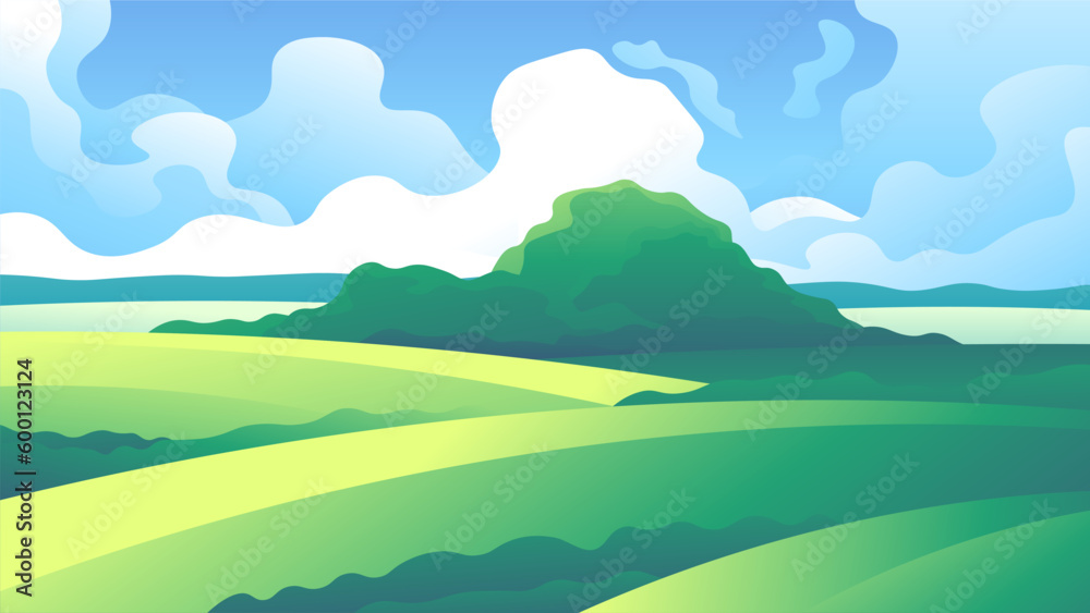 Bright green meadows on white cumulus clouds background. Horizontal rural illustration.