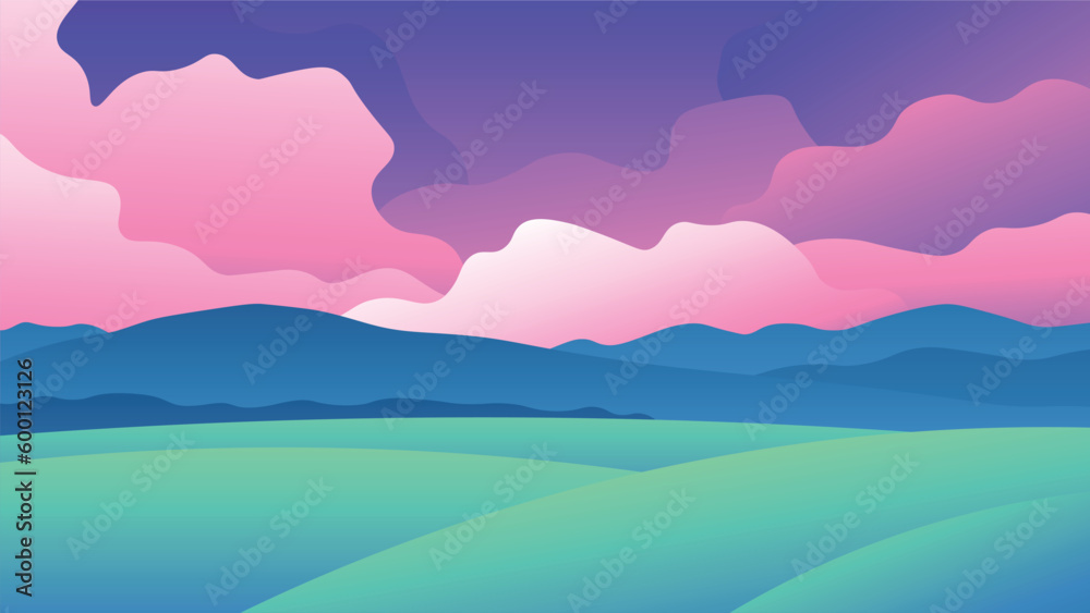 Green hills on pink beautiful sunset clouds background. Rural horizontal landscape.