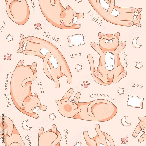 Cute ginger sleeping cats resting seamless pattern on beige background.
