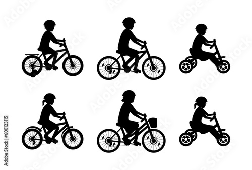 Children silhouettes riding bicycles set. Vector characters isolated on white background.