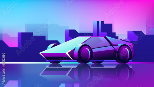 Neon bright supercar on an evening metropolis background. Shining gradient city horizontal illustration.