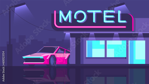 Bright pink modern car stands near a motel on a night city background. © Dmytro