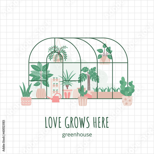 Cute flat greenhouse with tropical plants. Growing and caring for house plants, illustration on grid background.