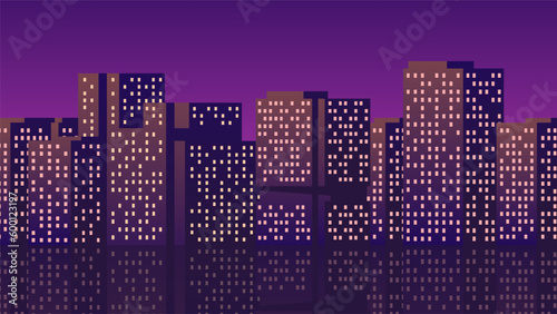 Horizontal retro wave city landscape. Evening sunset urban illustration 90s.