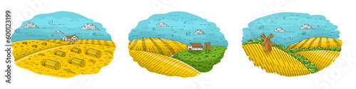 Vector hand drawn colorful sketch illustration set of rural landscape illustrations. Countryside with fields, hills and and village houses.