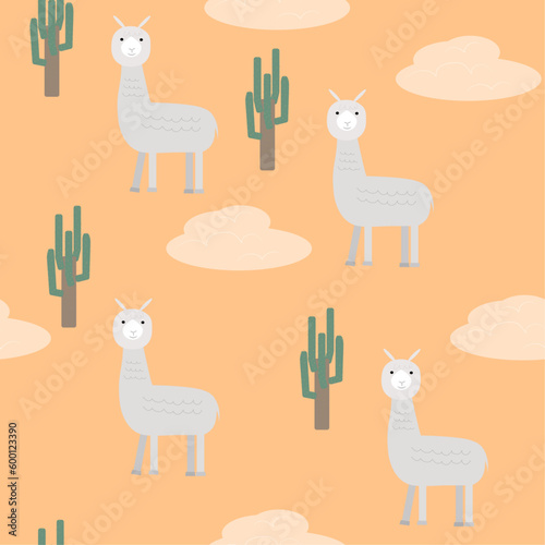 Seamless pattern with animals (llama) and cacus. Vector graphics for fabric or background. 