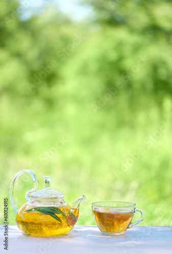 glass teapot and cup with herbal tea on table, natural abstract rustic background. summer season. relax time. useful calming tea. Tea party in garden. template for design. copy space