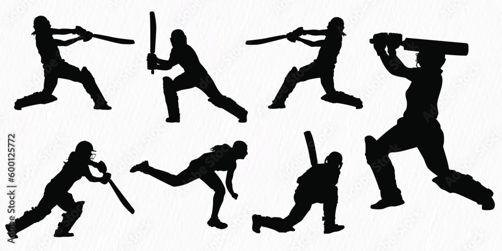 Set of female cricket players batting bowling fielding celebrating after victory  silhouette 