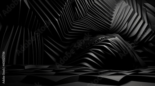 A surface that is black and features numerous geometric figures with repeated shaped patterns. Generative AI