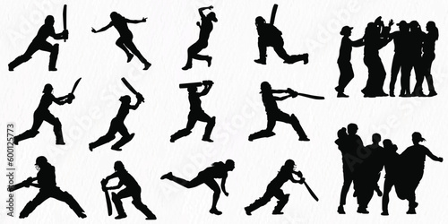 Set of female cricket players batting bowling fielding celebrating after victory silhouette 