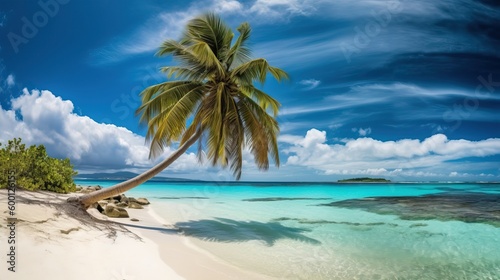 Tropical beach with palm tree white sand and turquoise water, generative ai
