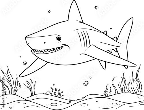 Shark vector illustration. Sea animal coloring book or page for children