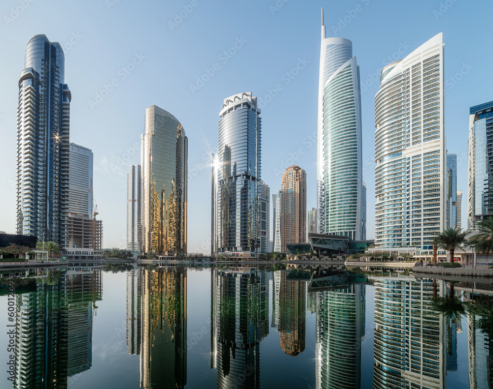 Panoramic view of Jumeirah Lakes Towers in Dubai during morning, United Arab Emirates