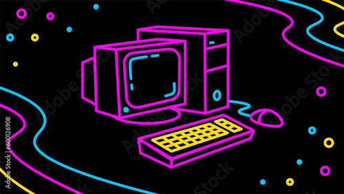 Retro gaming illustration on black background. Neon pink old computer with mouse and keyboard isolated.