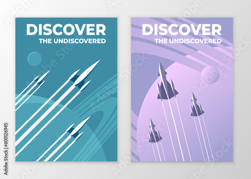 Vector retro vintage space posters. Illustration of a flying rocket on a space background.