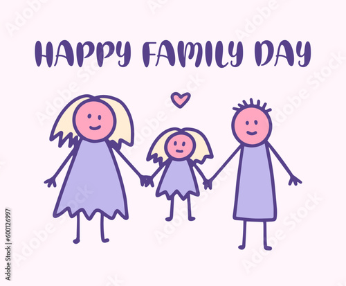 Happy Family day greeting card, Child Holding Mothers hand kids doodle drawing. A Kid with mom and dad vector illustration.