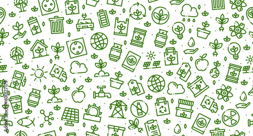 Ecology seamless pattern. Ecology background. Collection ecology icons. Pattern banner eco symbol elements. Green seamless pattern. Vector illustration