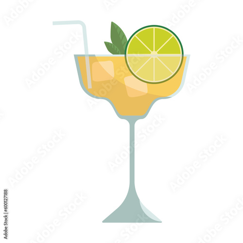 Cocktail glasses vector illustration. Refreshing cocktails with ice cubes and lemons. Party in the club. Menu designs. Alcoholic drinks. Summer and beach