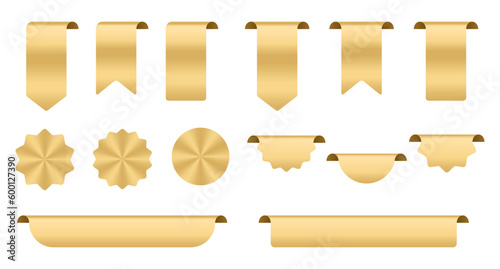 Sale and new label collection set. Gold ribbons banner. Glossy silky ribbon. Set of ribbon. Shopping tags. Sale icons. Vector illustration