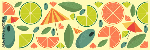 Citrus slices of lemon, orange, lime and grapefruit. Mint leaf, olives and Cocktail umbrella. Vector illustration banner or background summer