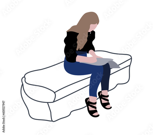 Flat illustration of a sitting girl on a bench. City infographics