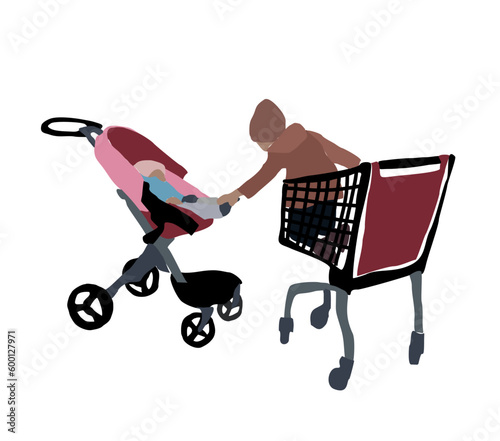 Children communicate in different vehicles: a stroller and a trolley. Flat image of two girls. City infographics ©  Vi Min