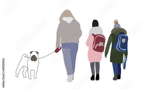 Silhouette of a woman walking a Shar Pei dog. Children with backpacks going to school. City flat infographics