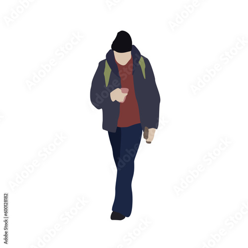 A man walks down the street in winter clothes with a phone in his hands. Flat image of people. Urban infographics