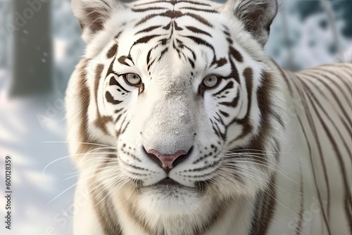 Close up of a big white tiger head. Bleached tiger of India in a snowy forest and winter background