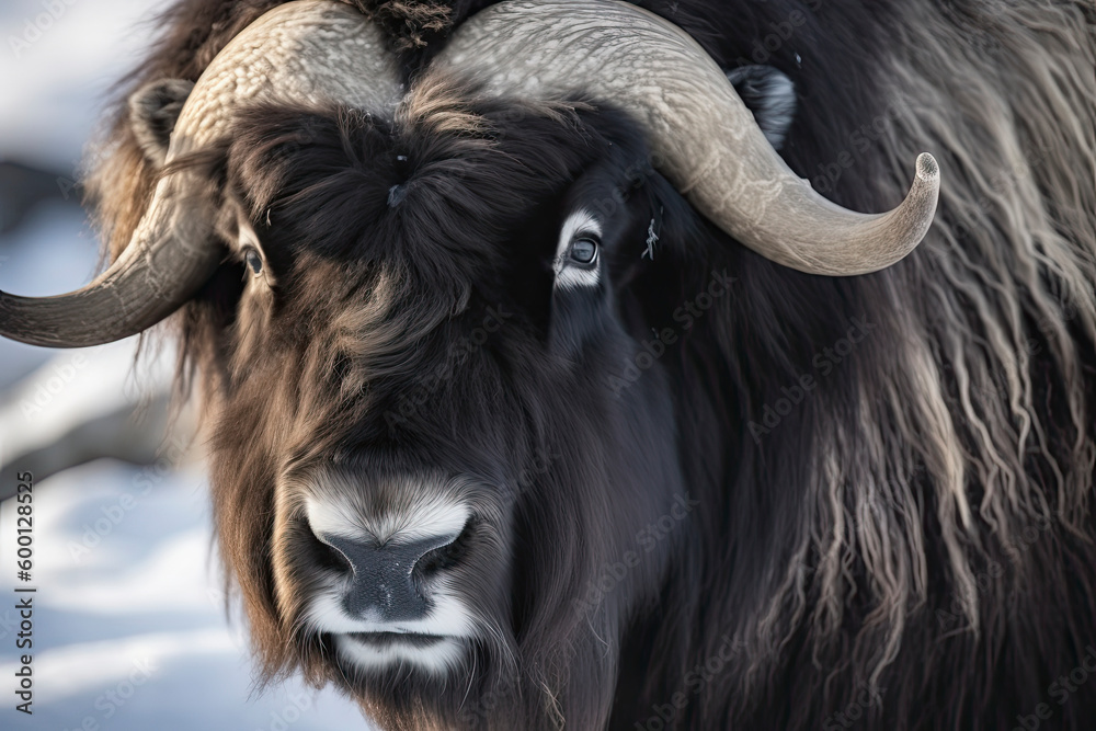 Close up of a Musk Ox in Dovrefjell mountains in winter Close up of a Musk Ox in Dovrefjell mountains in winter