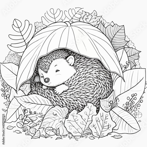 Hedgehog vector coloring book black and white for adults isolated line art on white background.
