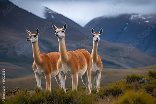 Three guanacoes in Torres del Paine national park