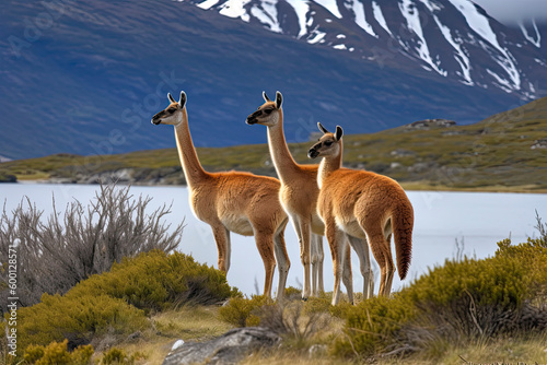 Three guanacoes in Torres del Paine national park