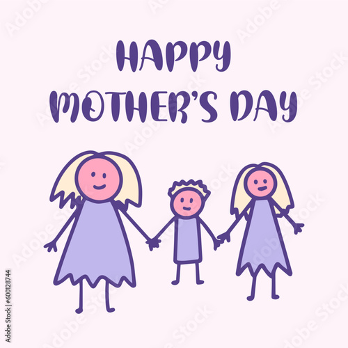 Happy Mothers Day greeting card, Child Holding Mothers hand kids doodle drawing. Family of two mom vector illustration.