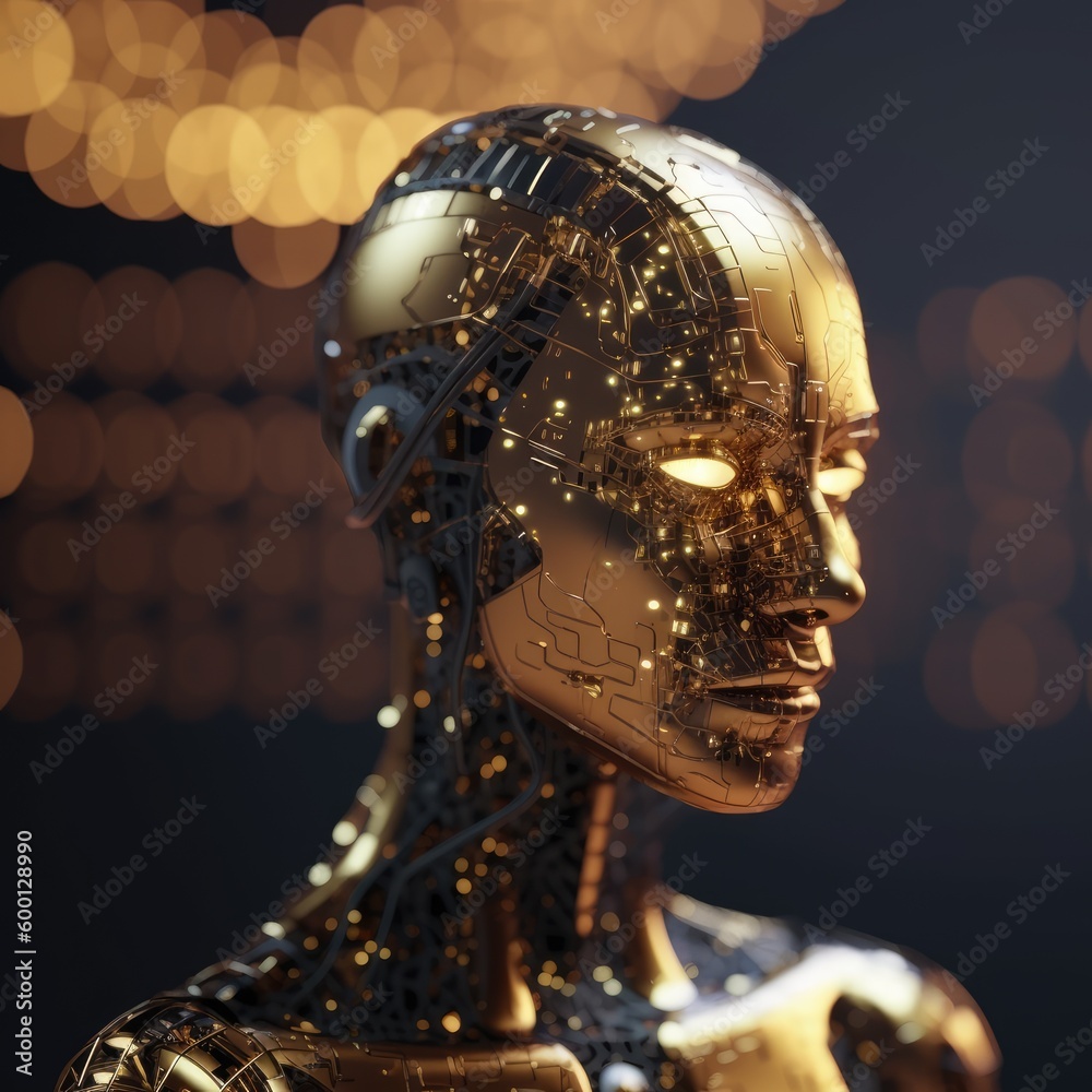 Golden humanoid AI Cyber person, thinking with a neural network. Gold robot woman.. Artificial intelligence with a digital brain processing big data. Created with generative ai Golden humanoid AI Cyber person, thinking with a neural network. Gold robot woman.. Artificial intelligence with a digital brain processing big data. Created with generative ai