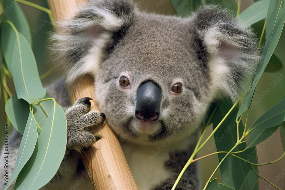 Fototapeta premium close-up of a young koala bear (Phascolarctos cinereus) on a tree eating eucalypt leaves
