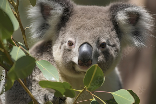 close-up of a young koala bear (Phascolarctos cinereus) on a tree eating eucalypt leaves