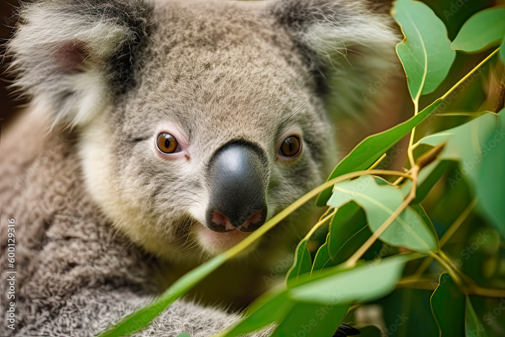 close-up of a young koala bear (Phascolarctos cinereus) on a tree eating eucalypt leaves close-up of a young koala bear (Phascolarctos cinereus) on a tree eating eucalypt leaves