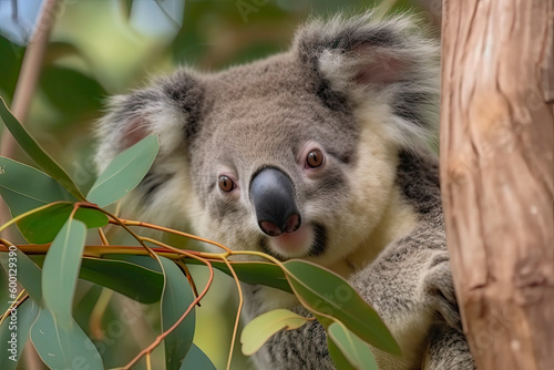 close-up of a young koala bear  Phascolarctos cinereus  on a tree eating eucalypt leaves